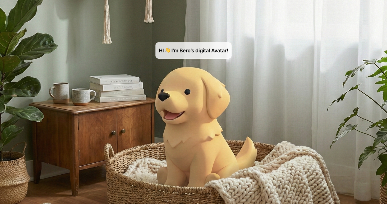 BeroAI digital avatar shown in a warm indoor product scene