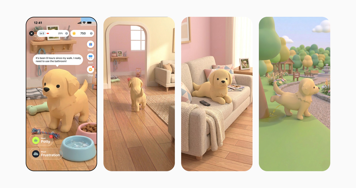 BeroAI Dog Space screens showing avatar room, care prompts, customization, and outdoor dog space scenes