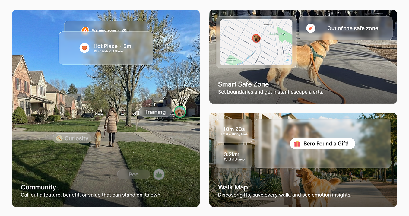 BeroAI map and training feature screens showing community, safe zone alerts, walk map, and gift discovery