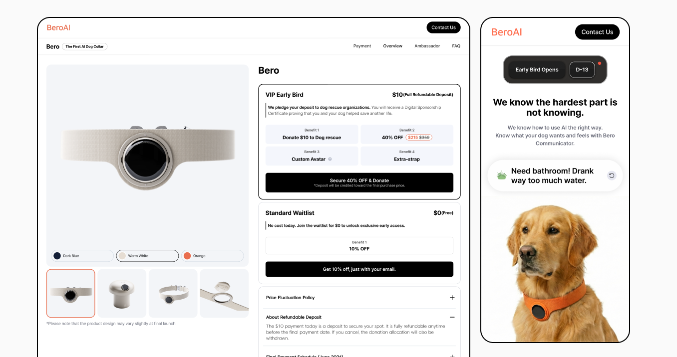 BeroAI pre-order launch page showing collar product selection, early bird offer, deposit, benefits, and FAQ sections