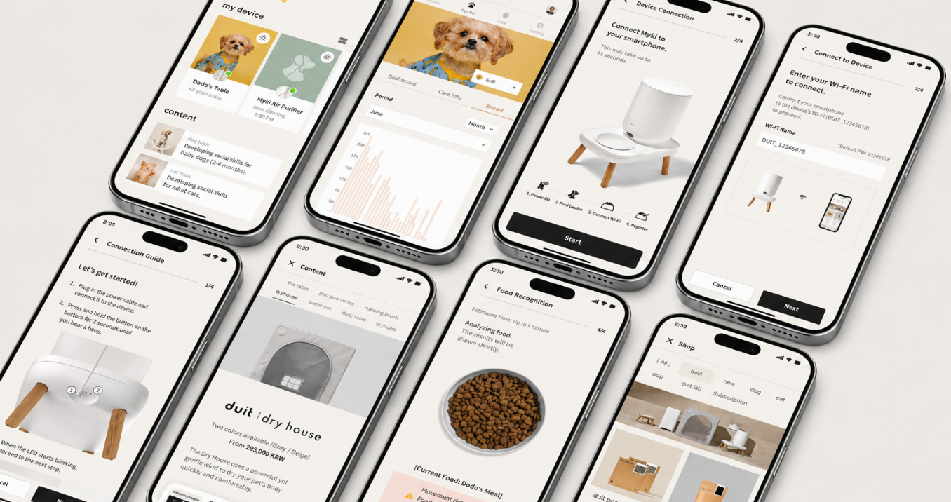 Duit The Table IoT pet-care mobile app screens