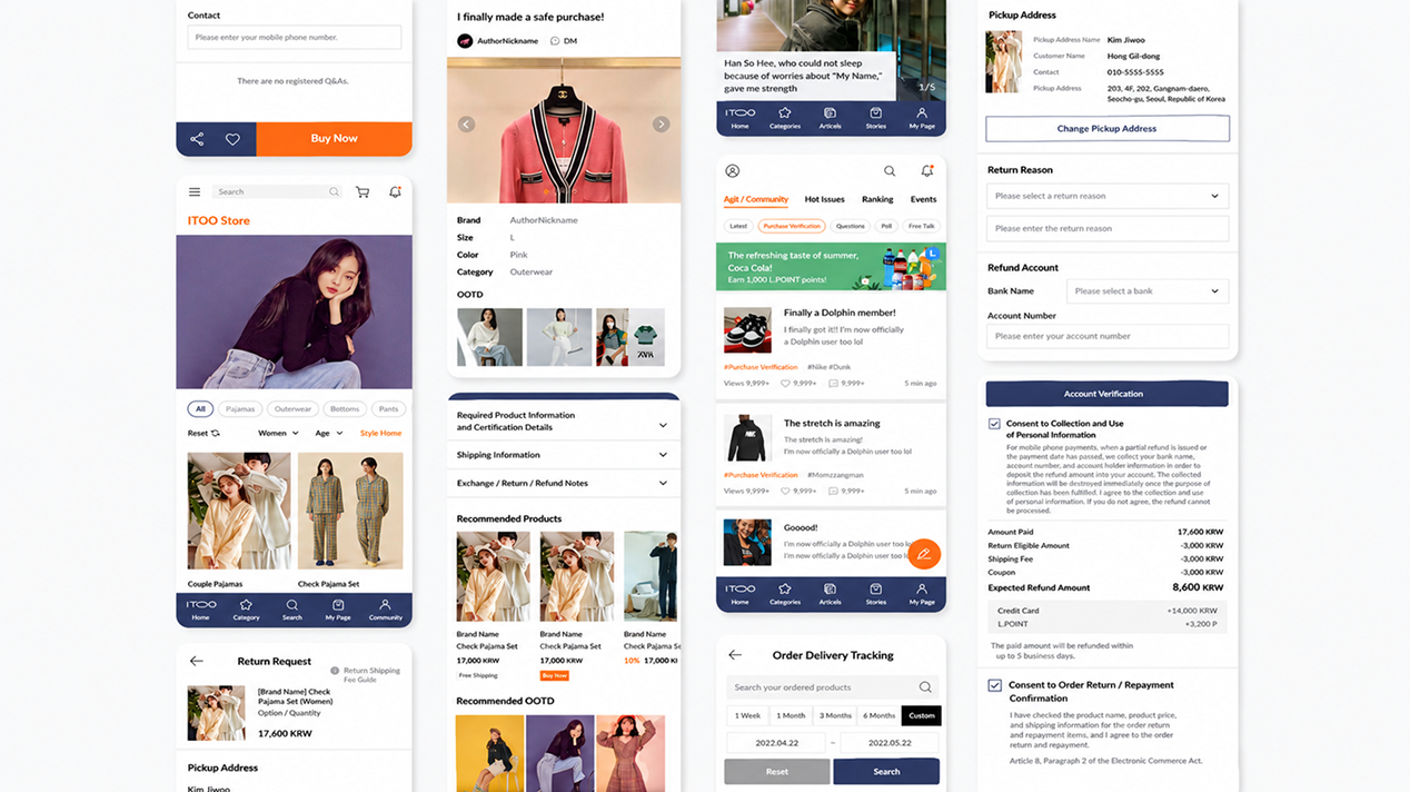 iToo fashion commerce and community mobile screens