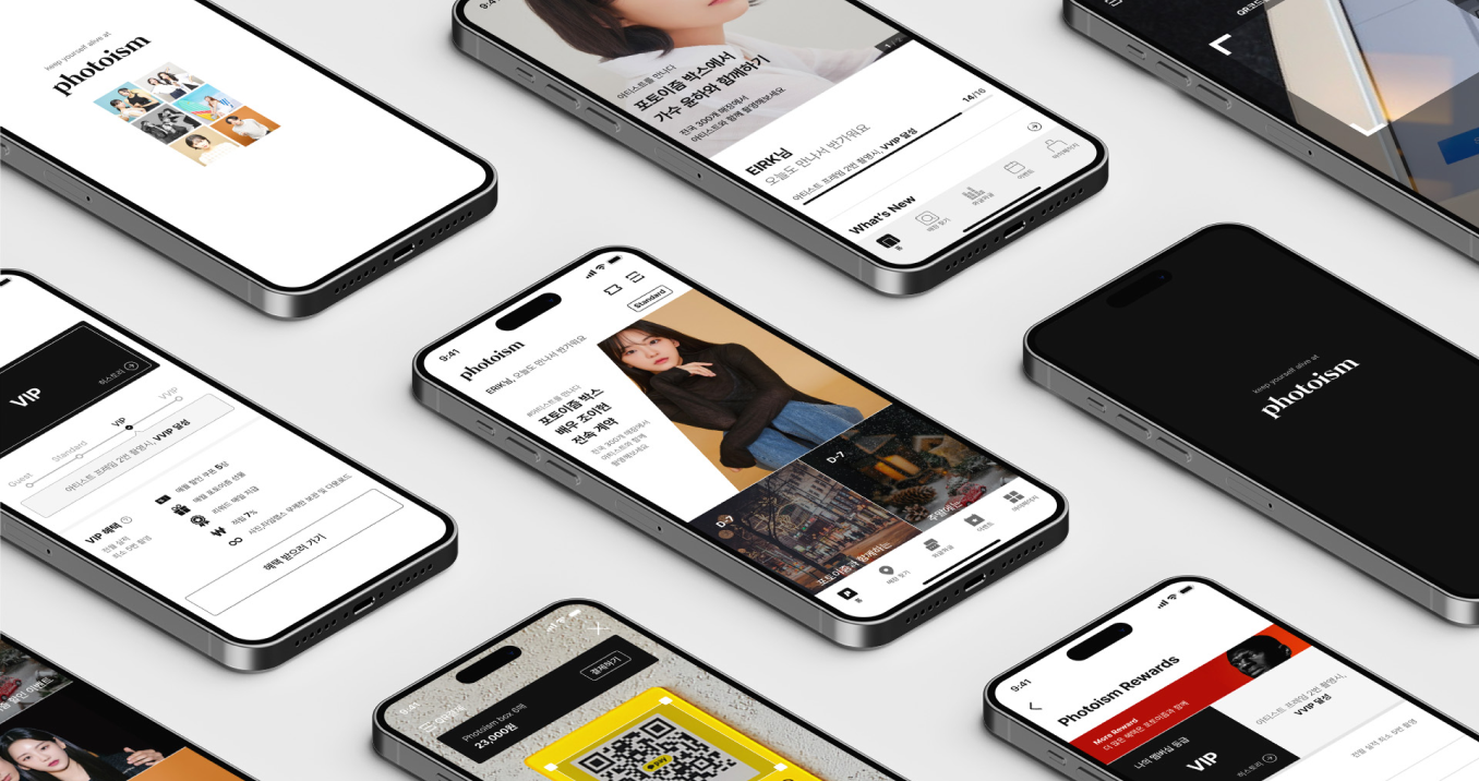 Photoism app screens for moments, frames, cart, album, and frame news