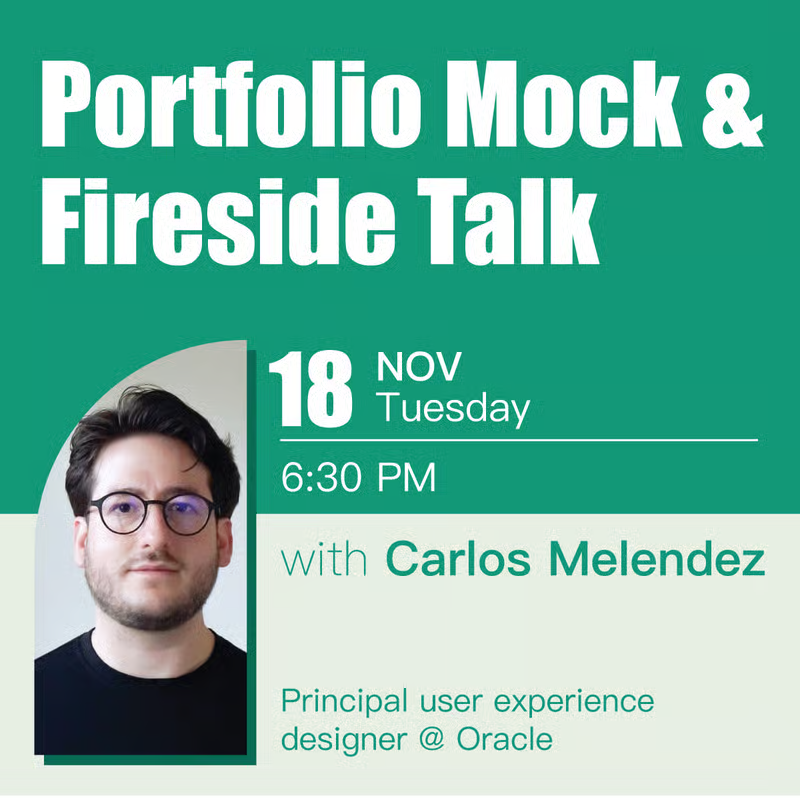 Portfolio Mock and Fireside Talk event graphic featuring Carlos Melendez